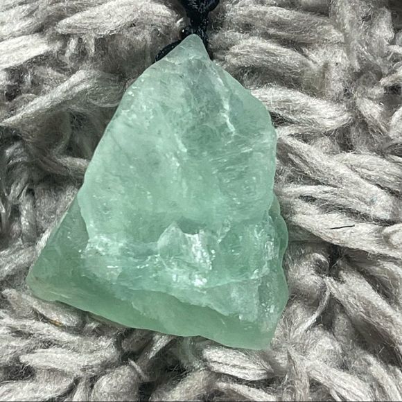 Raw Green Fluorite Rough Real Stone necklace on black string - Picture 2 of 4